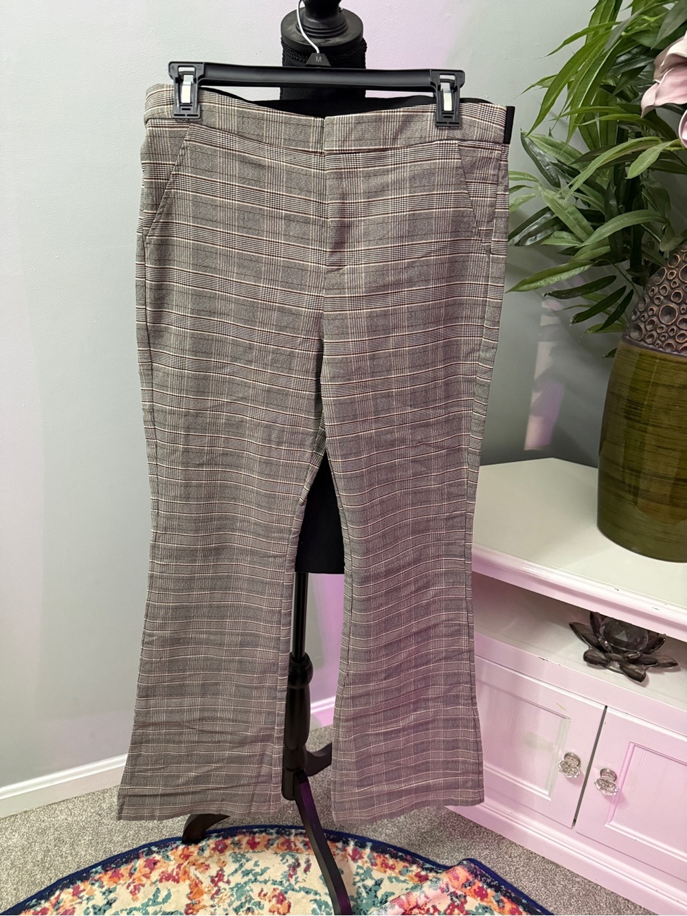 Plaid stretchy waisted Boot-Cut Dress Pants - Gray